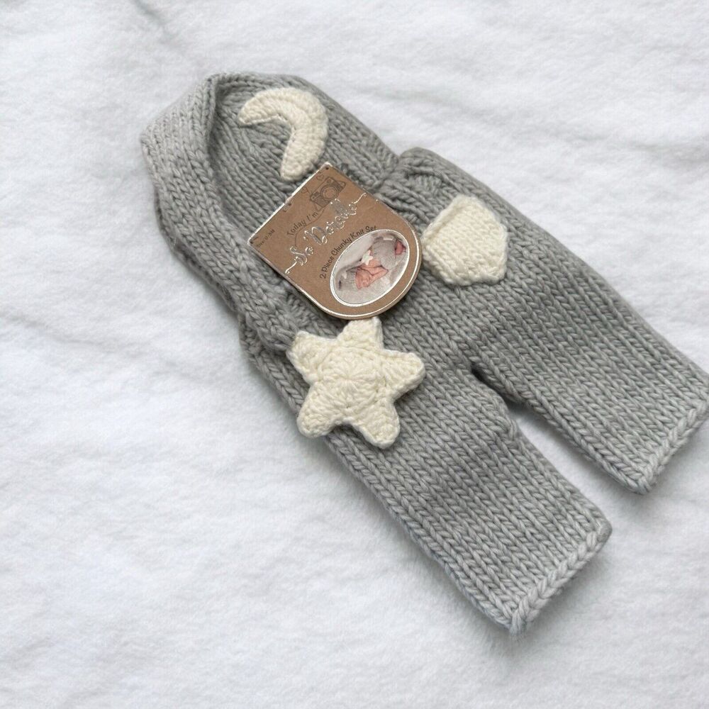 So ‘Dorable Photo Outfit Moon Star Hat Gray 2 Pc Chunky Knit Set 0-3 Months NEW